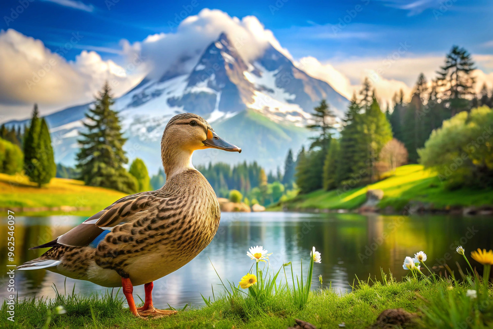 Duck Standing by a Lake with a Mountain in the Background Duck Standing by a Lake with a Mountain in the Background