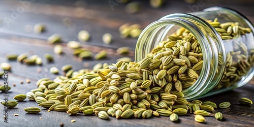 Exquisite close-up photograph capturing the detailed texture of fennel seeds spilling from a glass jar, fennel, seeds