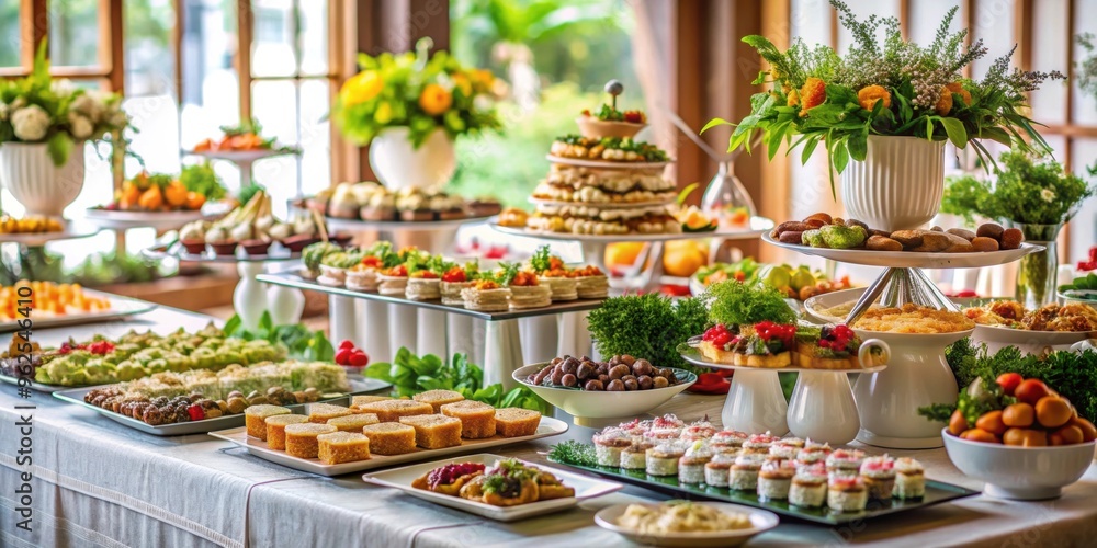 A beautiful spread of wedding catering with various gourmet dishes and elegant presentation, wedding, catering, party A beautiful spread of wedding catering with various gourmet dishes and elegant presentation, wedding, catering, party