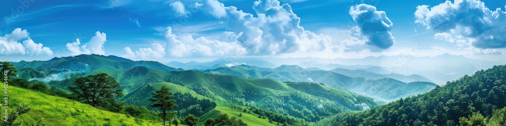 Vibrant green mountains under a daytime sky filled with clouds, stunning blue atmosphere, picturesque tree-filled hills, ideal for travelers seeking relaxation. Vibrant green mountains under a daytime sky filled with clouds, stunning blue atmosphere, picturesque tree-filled hills, ideal for travelers seeking relaxation.