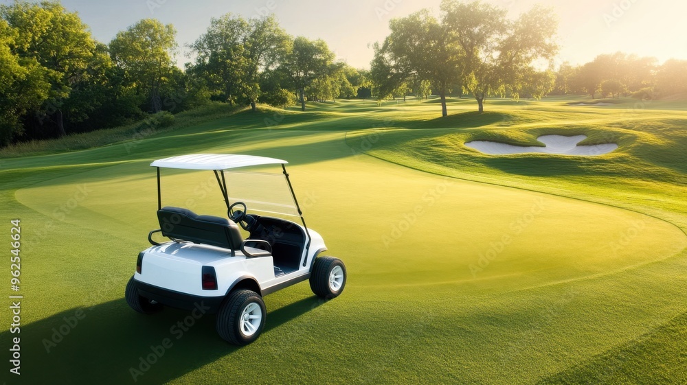 A serene golf course scene at sunrise featuring a white golf cart on lush green grass, perfect for a day of golfing. A serene golf course scene at sunrise featuring a white golf cart on lush green grass, perfect for a day of golfing.