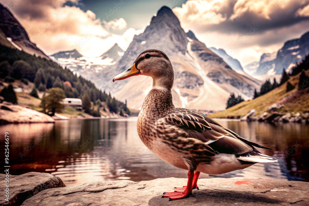 Duck Standing on a Rock by a Mountain Lake Duck Standing on a Rock by a Mountain Lake