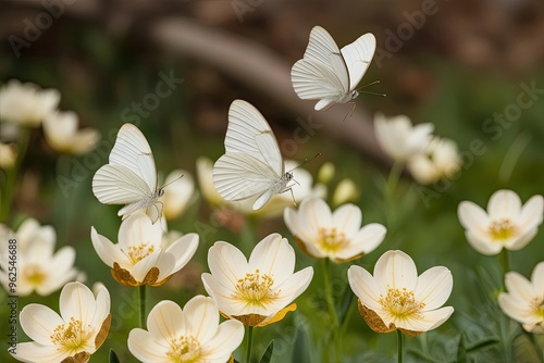 Graceful White Butterflies Fluttering Around Creamy Flowers with Gold-Touched Petals in Spring Nature