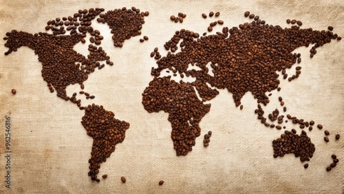 World map made of coffee beans and ground, representing trade and globalization, coffee, beans, ground