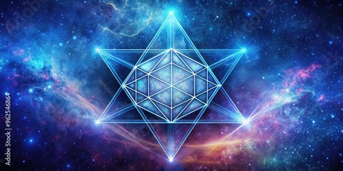 Star tetahedron or merkaba geometry sign on galaxy background, sacred geometry, spiritual, symbol, mystical, cosmic photo