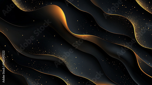 Abstract illustration of flowing waves with golden highlights against a dark background