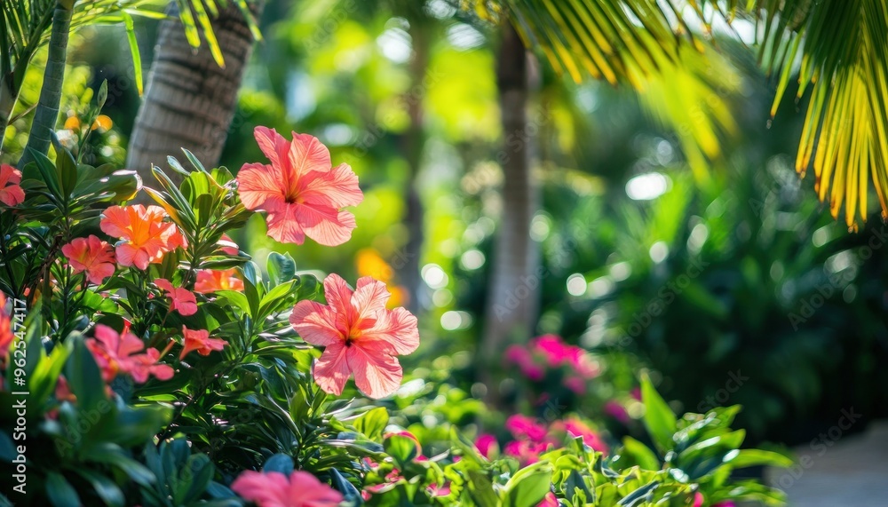 Fototapeta premium Pink Hibiscus Flowers Blooming in Lush Green Tropical Foliage
