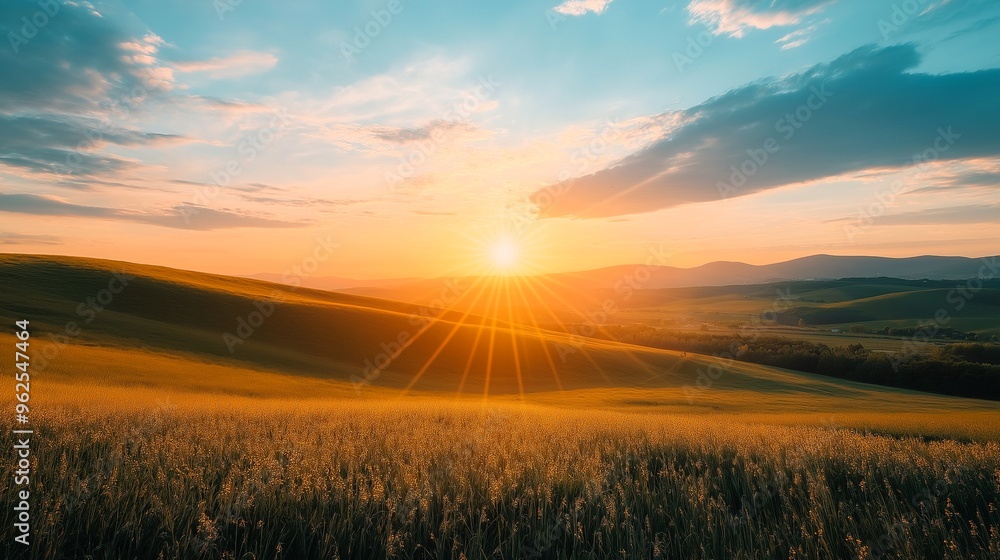Bright sunrise over rolling hills, representing hope and new opportunities.Generative ai illustration. Bright sunrise over rolling hills, representing hope and new opportunities.Generative ai illustration.