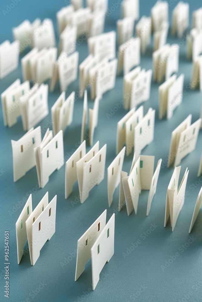 Fototapeta premium A collection of white paper stands arranged in a patterned formation on a blue background, showcasing minimalistic design.