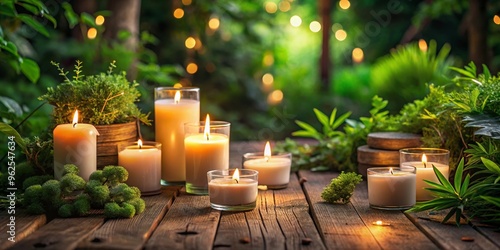 A serene setting featuring lit candles surrounded by greenery and decorative elements, perfect for relaxation and ambiance.