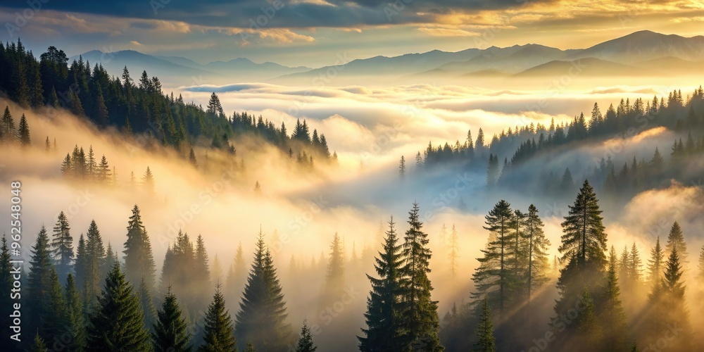 A misty mountaintop forest at dawn with tall evergreen trees wrapped in fog, mountaintop, forest, mist, fog, evergreen trees A misty mountaintop forest at dawn with tall evergreen trees wrapped in fog, mountaintop, forest, mist, fog, evergreen trees
