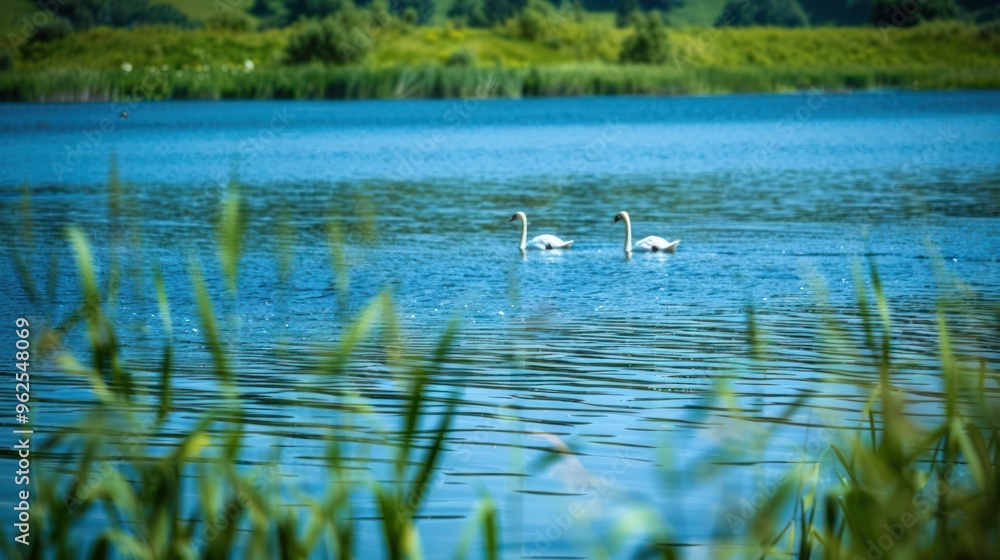 Two Swans Swimming in a Blue Lake with Green Grass in the Foreground Two Swans Swimming in a Blue Lake with Green Grass in the Foreground
