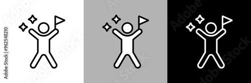 旗を持ってバンザイしている人のイラスト。シンプルな線画のベクターアイコン。