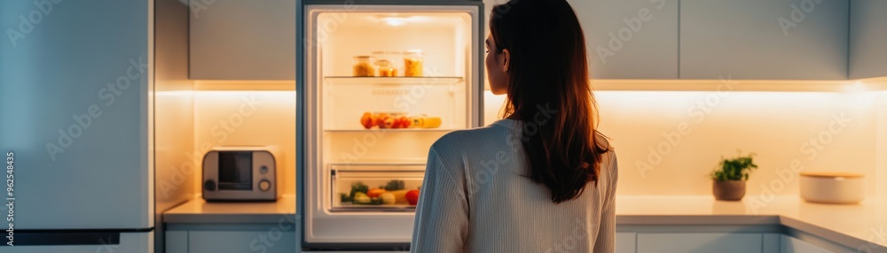 A woman stands in front of an open refrigerator, exploring its contents in a modern kitchen with ambient lighting. A woman stands in front of an open refrigerator, exploring its contents in a modern kitchen with ambient lighting.