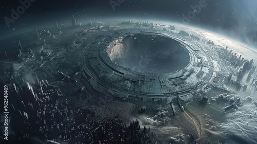 Futuristic Cityscape with a Circular Structure and a Large Crater
