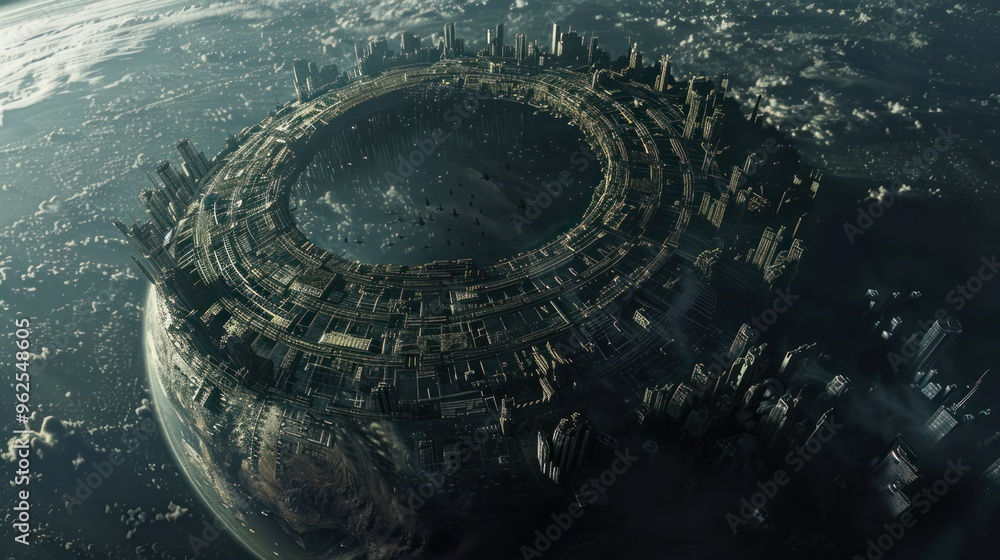 Futuristic City Encircling a Planet with Clouds Futuristic City Encircling a Planet with Clouds