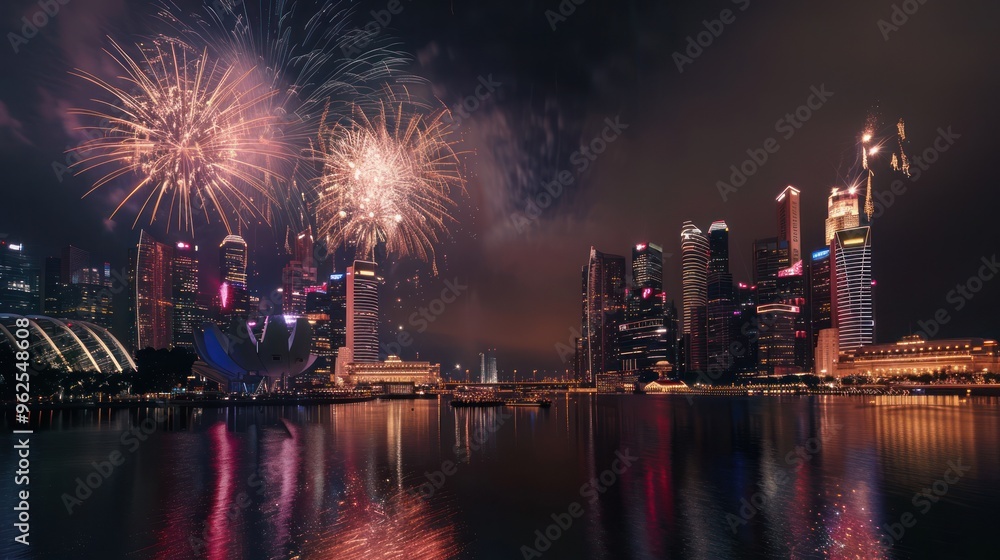 Obraz premium Fireworks Display Over Singapore Skyline