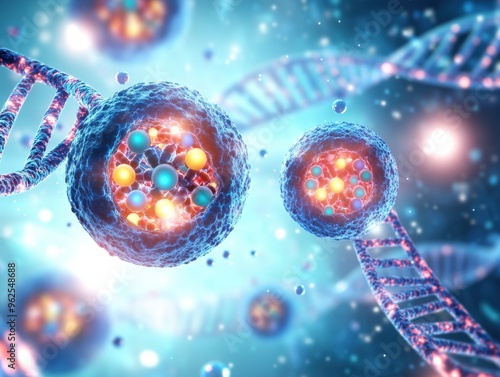 An artistic representation of DNA and cells, showcasing vibrant colors and intricate details of molecular biology.