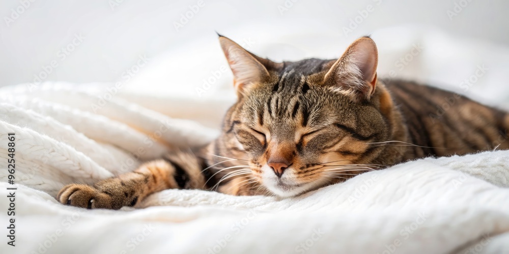 A peaceful tabby cat sleeping soundly on a cozy white bed, cat, sleeping, bed, cozy, peaceful, tabby, pet, relaxation, nap A peaceful tabby cat sleeping soundly on a cozy white bed, cat, sleeping, bed, cozy, peaceful, tabby, pet, relaxation, nap