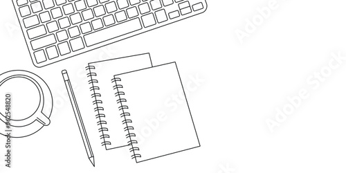 office desk table with laptop computer, cup of coffee and book. line art style vector with transparent background.