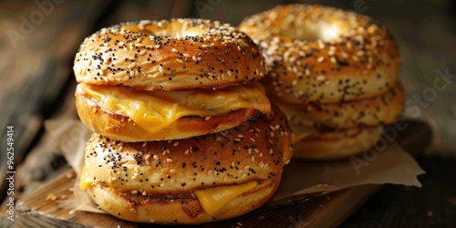 Savory Cheese-Stuffed Bagel Sandwich Freshly baked bagels with a cheesy filling layered within Bagels are a classic bread made from wheat flour, characterized by their unique central hole.