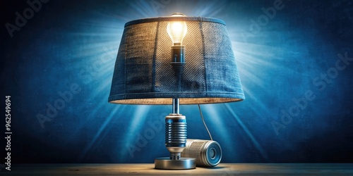 Lamp bulb covered in denim fabric playing radio music within an electrically lit halo, denim, lamp, bulb, radio, music, electric