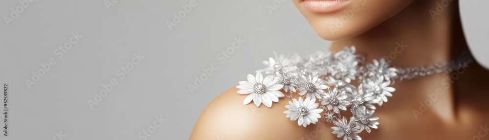 Elegant close-up of a woman's shoulder adorned with a stunning floral jewelry piece, showcasing artistry and beauty. Elegant close-up of a woman's shoulder adorned with a stunning floral jewelry piece, showcasing artistry and beauty.