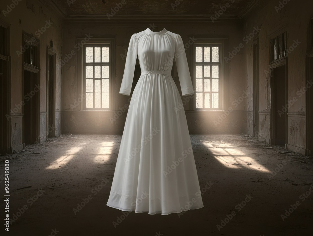 Fototapeta premium Elegant white dress displayed in a vintage room with soft lighting, evoking a sense of nostalgia and timeless beauty.
