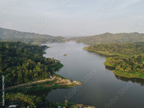 Top aerial view landscape of clear lake named Sermo lake on a bright day. photo