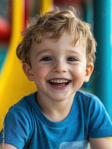 A young boy is smiling and wearing a blue shirt