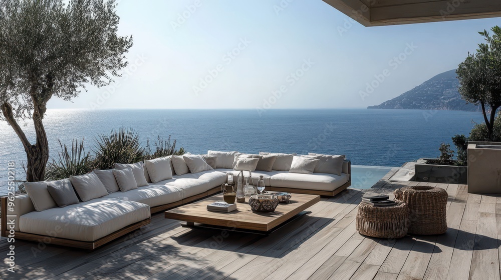 Fototapeta premium A large outdoor living area with a pool and a view of the ocean