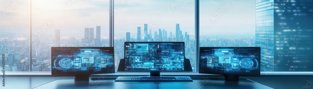 Futuristic office setup with multiple monitors showing digital data, overlooking a modern city skyline at sunrise. Futuristic office setup with multiple monitors showing digital data, overlooking a modern city skyline at sunrise.