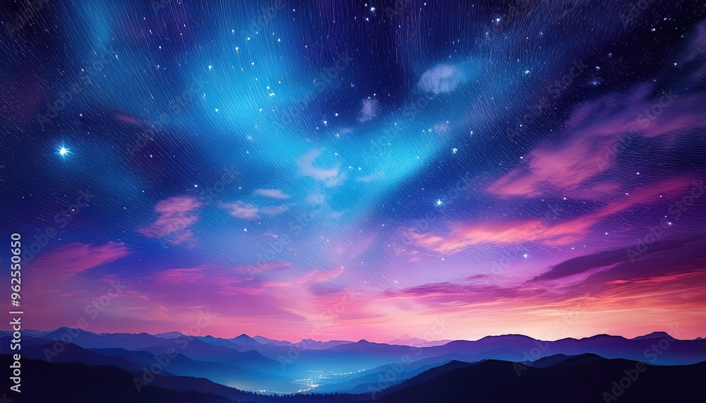 A breathtaking view of a colorful night sky filled with vibrant clouds and twinkling stars over majestic mountains. A breathtaking view of a colorful night sky filled with vibrant clouds and twinkling stars over majestic mountains.