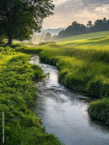 A river runs through a lush green field