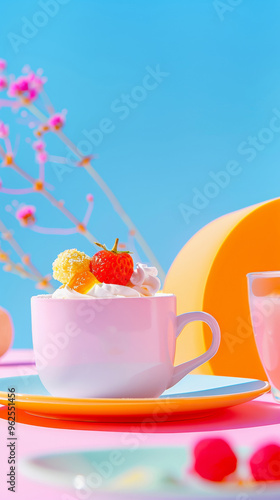 3D miniature photography of dessert ice cream fronzen yogurt in cup decorated plating with vibrant colors happy bright fashion pink background creative dairy food poster photo