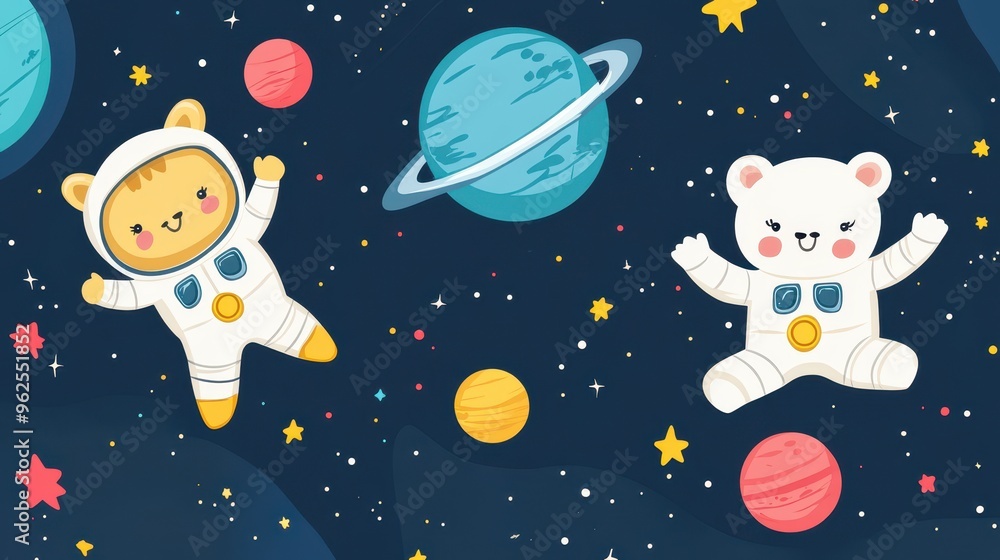 Naklejka premium Two cartoon bears are in space, one of them is wearing a spacesuit