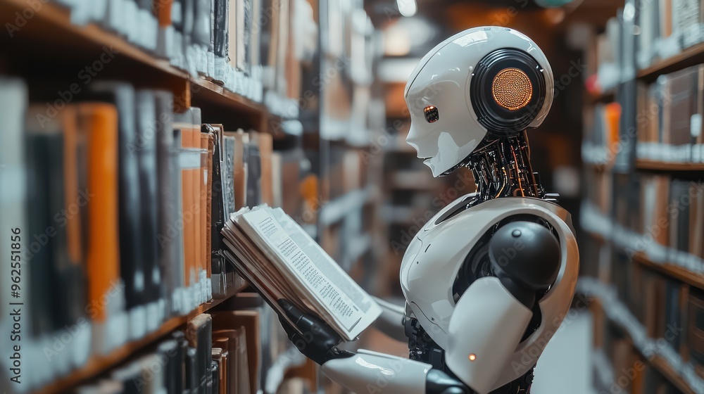 An Android Robot Searching Through Bookshelves in a Library An Android Robot Searching Through Bookshelves in a Library