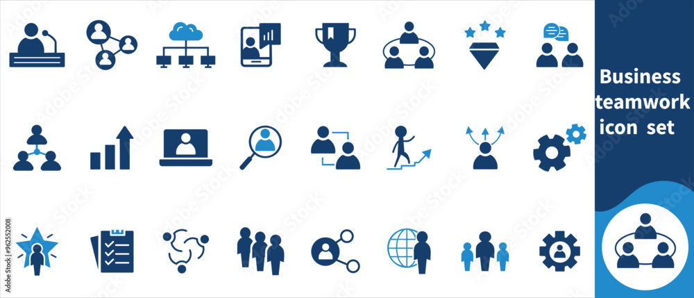 Business teamwork icon vector set. Containing team working together, partnership, work group, agreement, handshake, help, alliance, structure hierarchy, collaboration, co-worker, cooperation. Business teamwork icon vector set. Containing team working together, partnership, work group, agreement, handshake, help, alliance, structure hierarchy, collaboration, co-worker, cooperation.