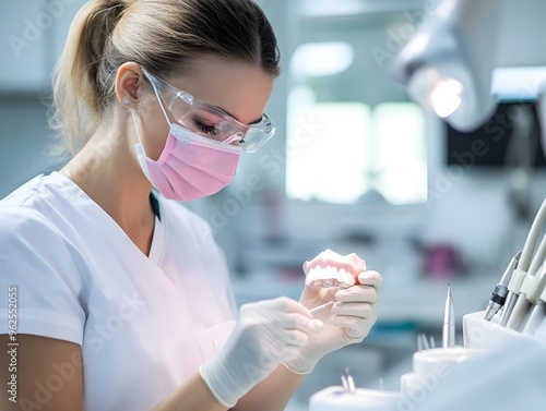 Meticulous Dental Technician Crafting Precise Impressions in a Clean Well Equipped Lab photo