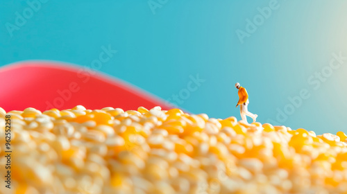 3D miniature photography of small person and cereals grains oats carbohydrates mountains with vibrant colors happy bright fashion blue background creative organic healthy food poster photo