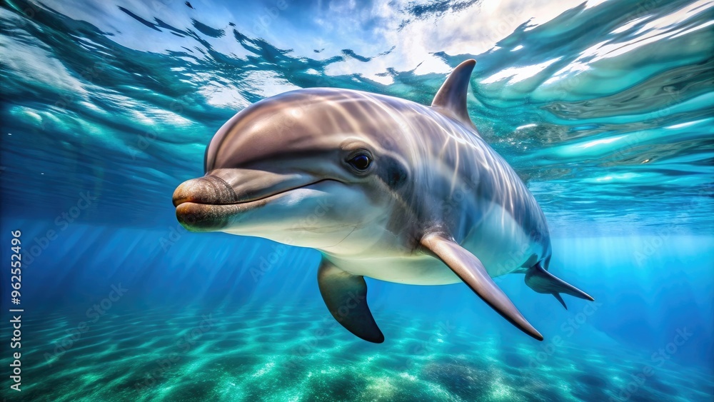 Naklejka premium A close-up photo of a playful dolphin swimming gracefully in the ocean, dolphin, marine mammal, sea creature
