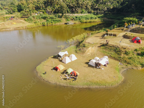 Aerial morning view of camping ground area by the Sermo Lake in Kulonprogo, Yogyakarta, Indonesia. photo