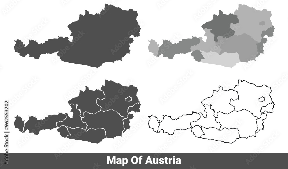 Collection of Austria country grey political maps set with border outline vector illustration Collection of Austria country grey political maps set with border outline vector illustration