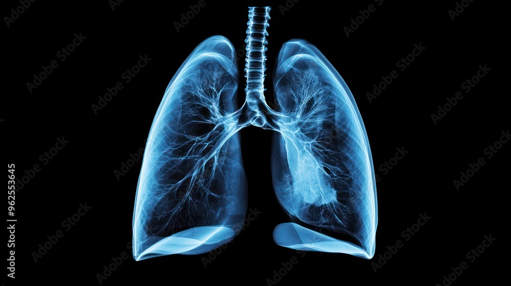 Blue-toned, transparent 3D rendering of a human respiratory system. Blue-toned, transparent 3D rendering of a human respiratory system.