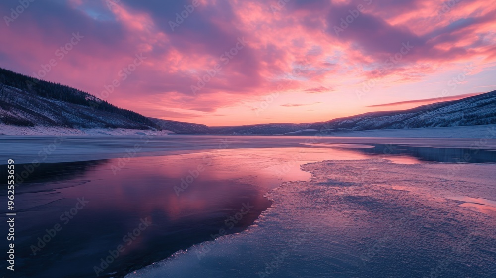Pink Sunset Reflecting on a Frozen Lake Surrounded by Mountains Pink Sunset Reflecting on a Frozen Lake Surrounded by Mountains