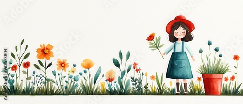 A cheerful girl with a red hat holds a flower beside colorful blooming plants in a whimsical garden setting.