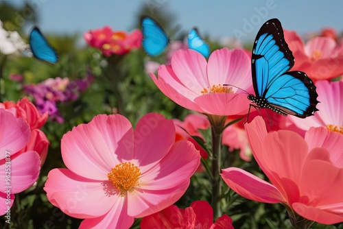 Bright Coral Pink and Azure Garden Flowers with a Shining Butterfly