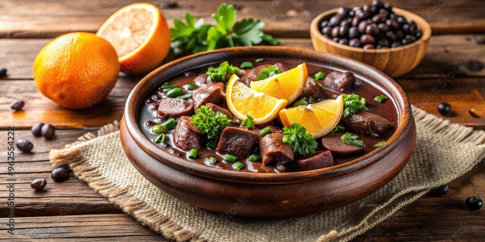 Traditional Brazilian feijoada dish made with black beans, meat and orange slices, Brazilian, Feijoada, Food, Cuisine, Dish Traditional Brazilian feijoada dish made with black beans, meat and orange slices, Brazilian, Feijoada, Food, Cuisine, Dish