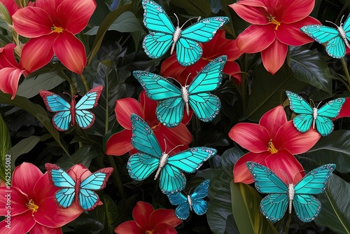 Stunning Garden Flowers with Shimmering Butterflies in Tropical Teal and Red Variations