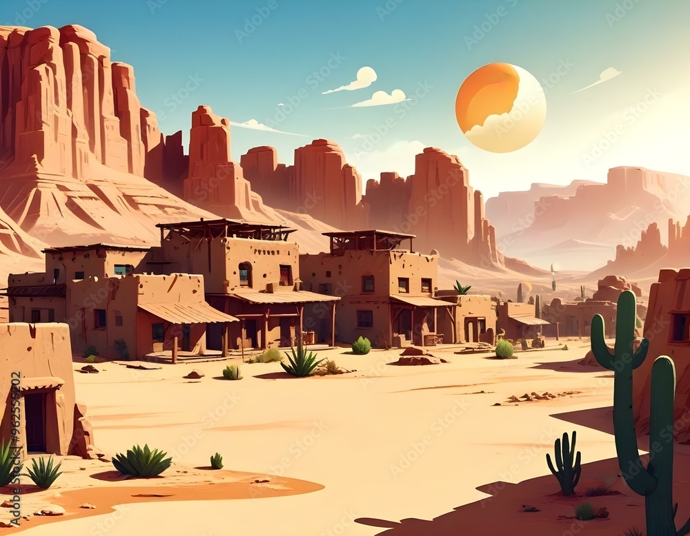 Obraz premium A desert town with adobe-style buildings, a large rock formation in the background, and a bright sun in the sky